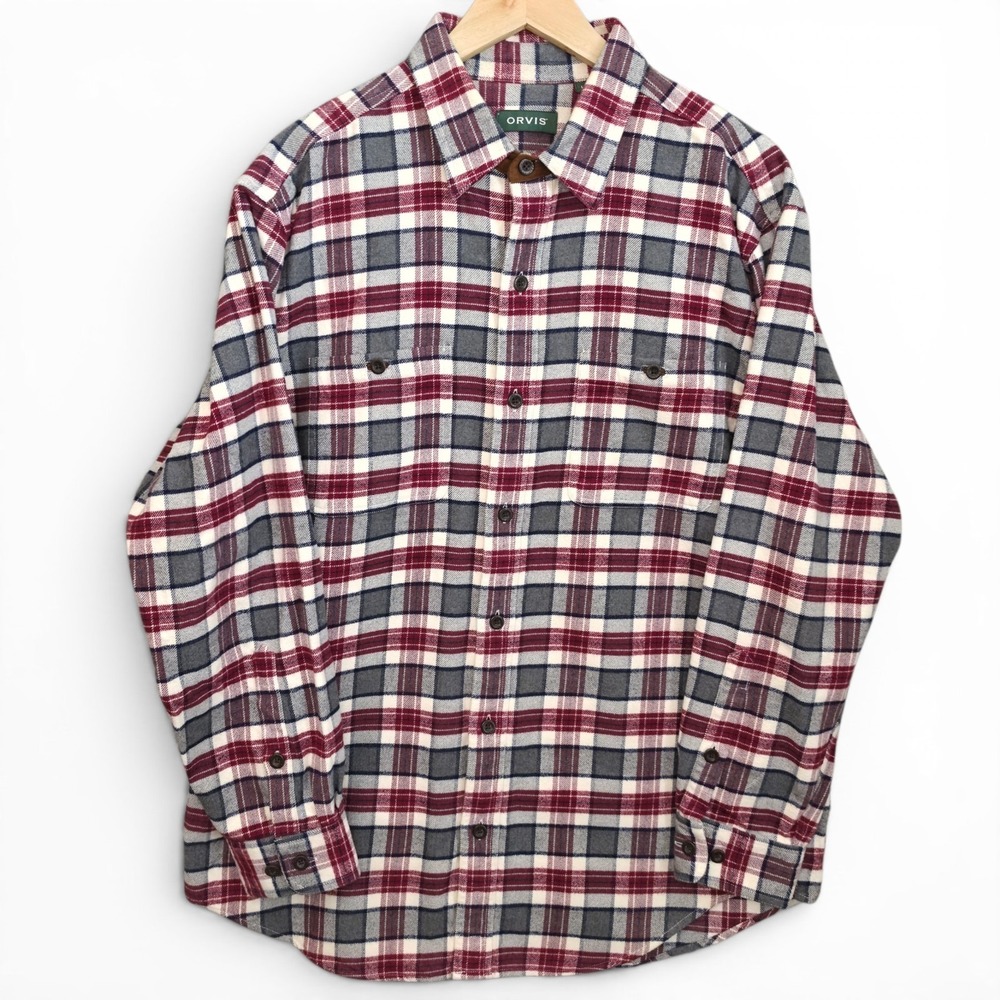Orvis Flannel‎ Shirt Mens Large Burgundy Plaid Shacket Outdoor Button Camping